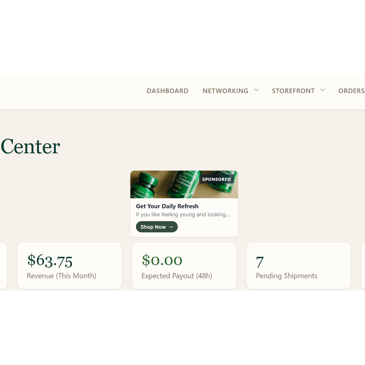 Preview of User Dashboard Top Spot ad placement